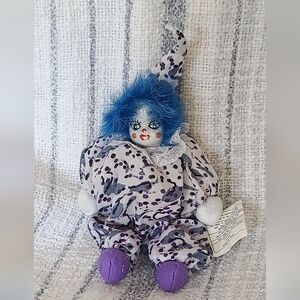 Vintage 1980s Porcelain Face Clown - Blue Hair and Purple Outfit